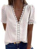 Women's Swiss Dot Lace Trim Deep V Neck T Shirt