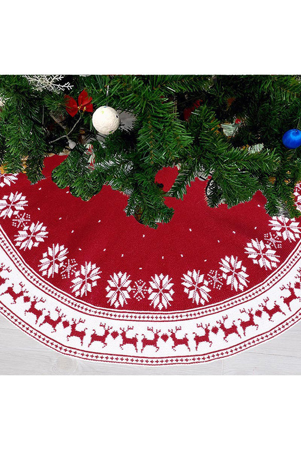 Reindeer Snowflake Knitted Xmas Tree Skirt Red