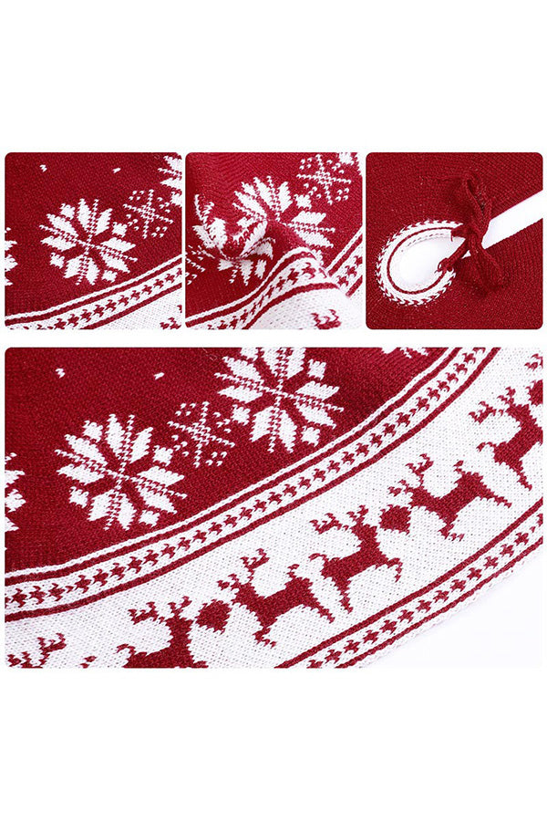 Reindeer Snowflake Knitted Xmas Tree Skirt Red