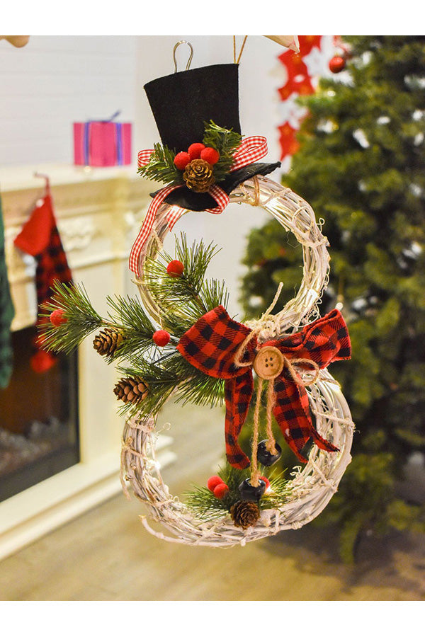 Lighted Christmas Decoration Cute Snowman Shape Wreath Dark Red