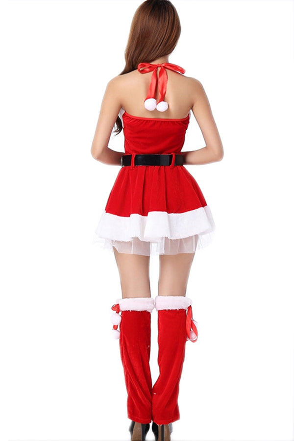 Red Pretty Ladies Christmas Halter Pleuche Santa Costume