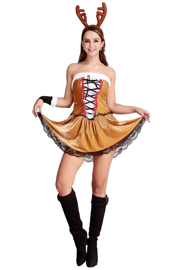 Women Sexy Lace Up Tube Christmas Reindeer Costume