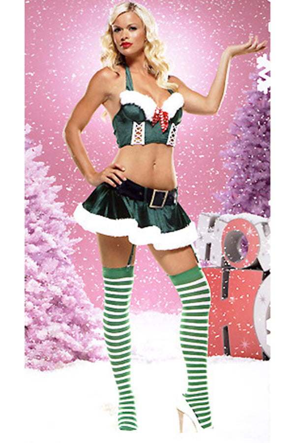 Green Womens Halter Christmas Flannel Elf Santa Helper Costume
