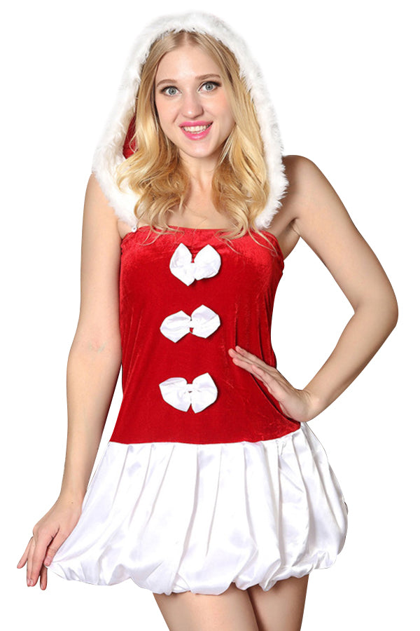 Womens Adult Sleeveless Hooded Bowknot Christmas Santa Costume Red
