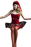 Womens Sexy Spaghetti Straps Bowknot Mesh Christmas Santa Costume Red