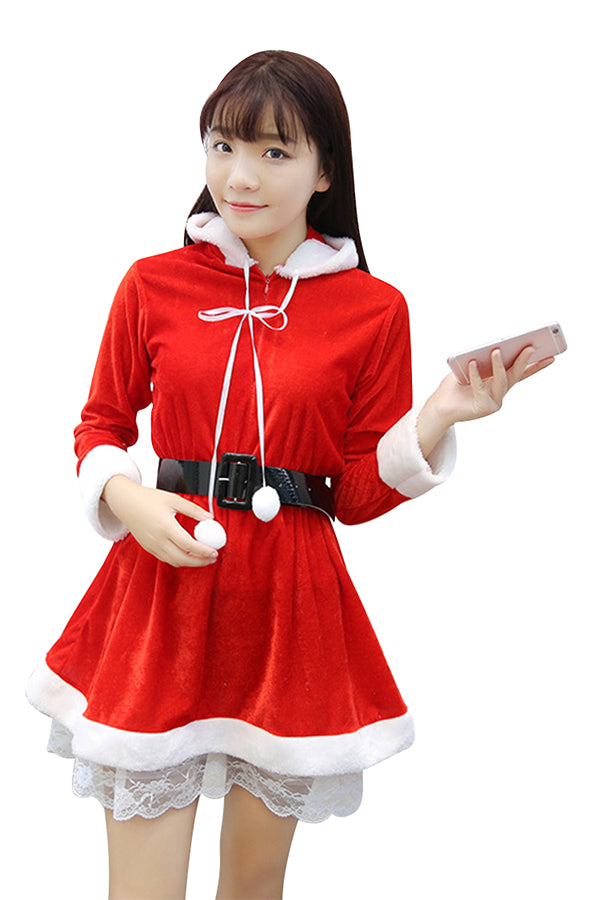 Cute Girl Hooded Long Sleeve Lace Dress Christmas Santa Costume Red