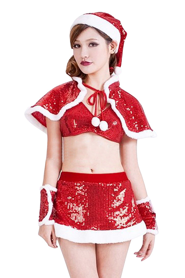 Womens Sexy Sequin Cape Crop Top Christmas Santa Costume Red