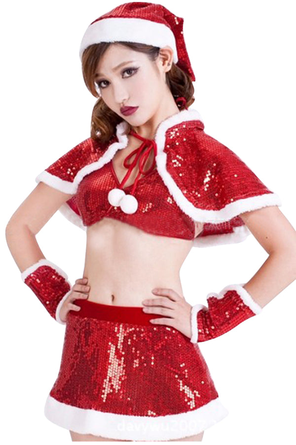 Womens Sexy Sequin Cape Crop Top Christmas Santa Costume Rouge