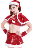 Womens Sexy Sequin Cape Crop Top Christmas Santa Costume Rouge
