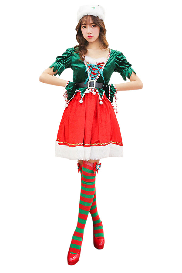 Women's Santa Helper Short Sleeve Lace-Up Christmas Elf Dress Costume