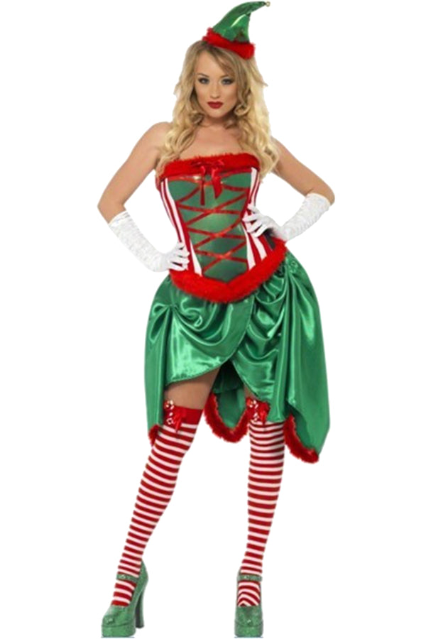 Adult Christmas Santa Helper Sexy Elf Green 3-Pc Costume Dress