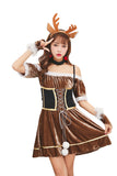 Sexy Off Shoulder Christmas Reindeer Santa Helper Costume Coffee