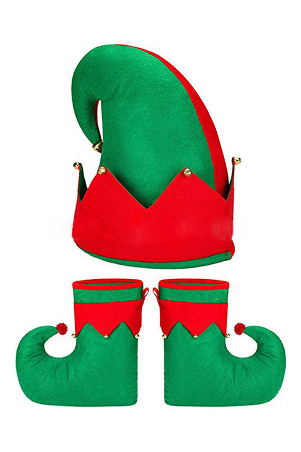 Christmas Funny Elf Cosplay Hat And Shoes Green