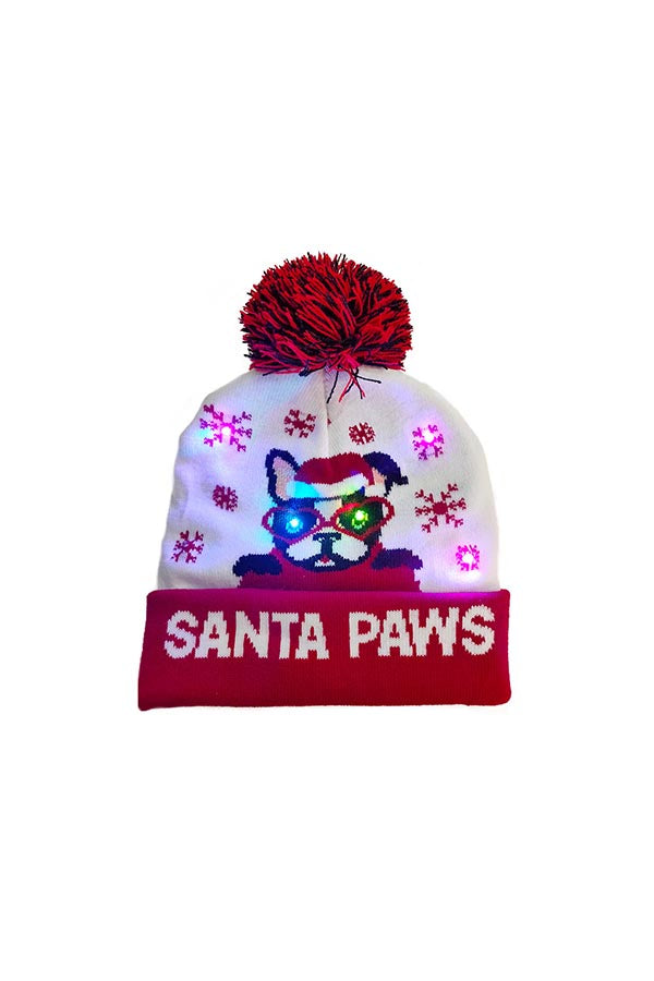 Christmas Dog Print Light Up Winter Hats Beanie Red