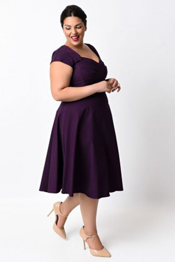 Plus Size Short Sleeve Empire Waist Swing Dresses Purple