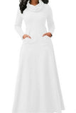 Womens Cowl Neck High Waisted Long Sleeve Plain Maxi Dress White