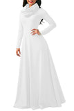 Womens Cowl Neck High Waisted Long Sleeve Plain Maxi Dress White