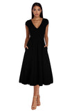 PCD3070BL-S, Black Women's Cap Sleeve V Neck Pleated Midi Dress
