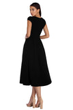 PCD3070BL-S, Black Women's Cap Sleeve V Neck Pleated Midi Dress