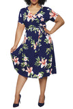PCD3078ZQ-2XL, PCD3078ZQ-3XL, PCD3078ZQ-XL, Navy Blue Women's Plus Size Wrap Flowy Dress