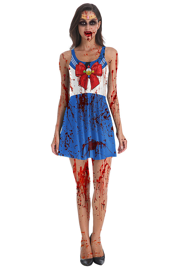 Sailor School Uniform Print Bloody Halloween Costume Blue