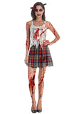 Horror Bloody School Girl Halloween Costume Dress Dark Red