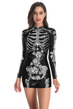 Rose Skeleton Print Halloween Dress Gray