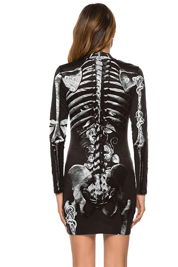 Rose Skeleton Print Halloween Dress Gray