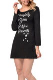Letter Print Long Sleeve Christmas Dress Black