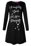 Letter Print Long Sleeve Christmas Dress Black