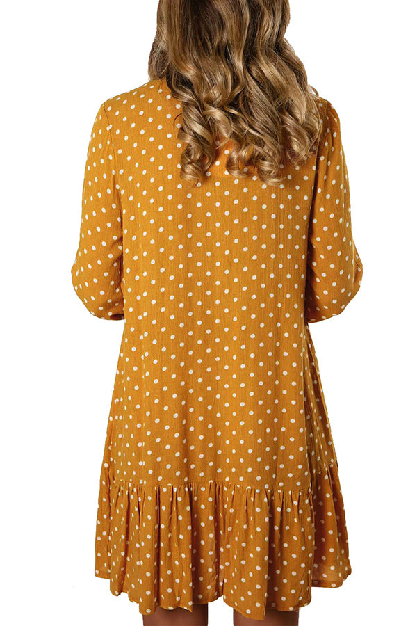 Long Sleeve Polka Dot V Neck Dress Yellow