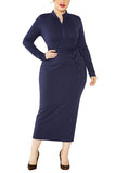 Plus Size Long Sleeve Ribbed Bodycon Dress Navy Blue