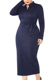Plus Size Long Sleeve Ribbed Bodycon Dress Navy Blue