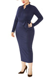 Plus Size Long Sleeve Ribbed Bodycon Dress Navy Blue