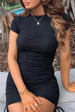 Solid Short Sleeve Ruched Bodycon Dress For Women Black