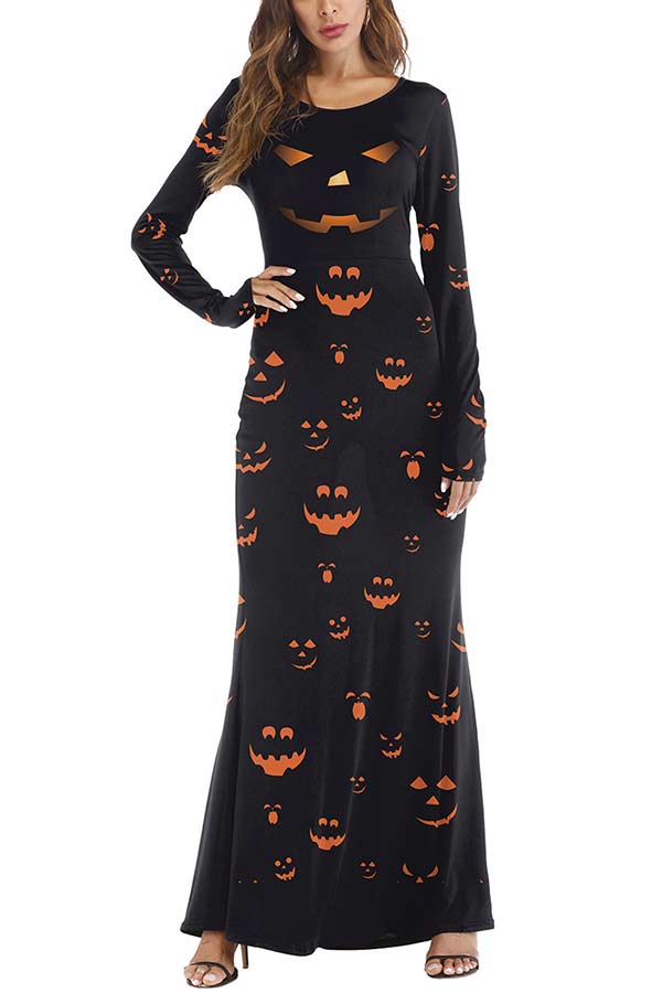 Casual Pumpkin Lantern Print Halloween Maxi Dress Black