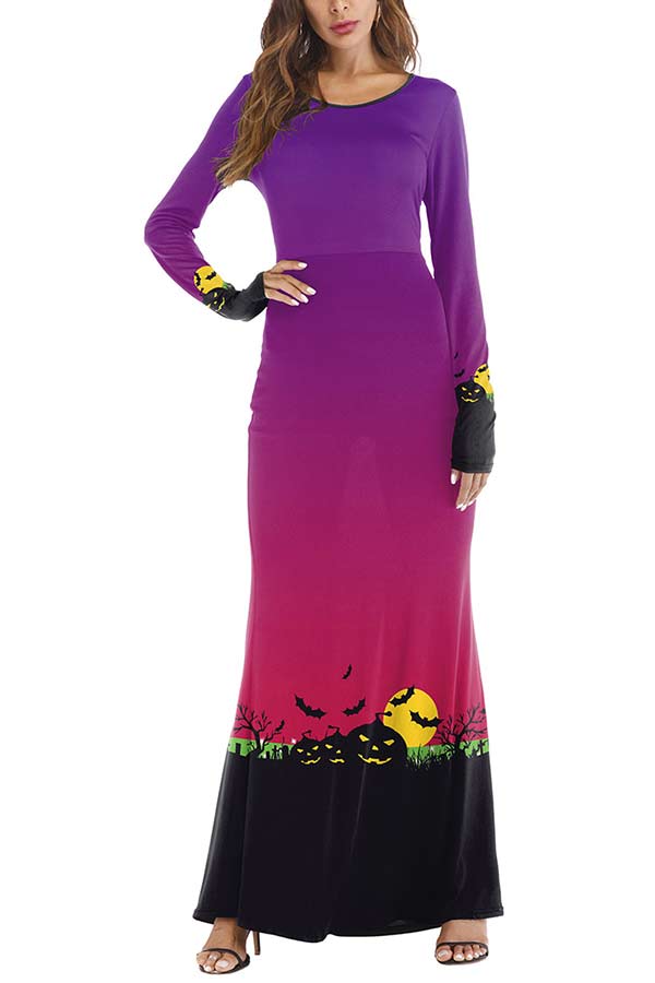 Long Sleeve Halloween Night Bat Print Maxi Dress Purple