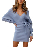 Women's Sexy Cocktail Dress V Neck Long Sleeve Wrap Knit Sweater Mini Dress