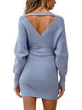 Women's Sexy Cocktail Dress V Neck Long Sleeve Wrap Knit Sweater Mini Dress