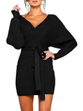 Women's Sexy Cocktail Dress V Neck Long Sleeve Wrap Knit Sweater Mini Dress