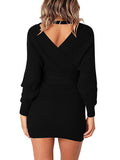 Women's Sexy Cocktail Dress V Neck Long Sleeve Wrap Knit Sweater Mini Dress
