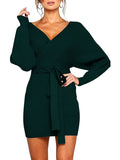 Women's Sexy Cocktail Dress V Neck Long Sleeve Wrap Knit Sweater Mini Dress