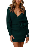 Women's Sexy Cocktail Dress V Neck Long Sleeve Wrap Knit Sweater Mini Dress