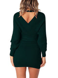 Women's Sexy Cocktail Dress V Neck Long Sleeve Wrap Knit Sweater Mini Dress