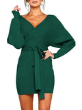 Women's Sexy Cocktail Dress V Neck Long Sleeve Wrap Knit Sweater Mini Dress