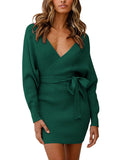 Women's Sexy Cocktail Dress V Neck Long Sleeve Wrap Knit Sweater Mini Dress