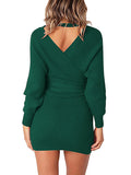Women's Sexy Cocktail Dress V Neck Long Sleeve Wrap Knit Sweater Mini Dress