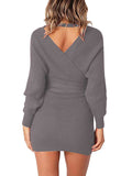 Women's Sexy Cocktail Dress V Neck Long Sleeve Wrap Knit Sweater Mini Dress