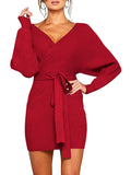 Women's Sexy Cocktail Dress V Neck Long Sleeve Wrap Knit Sweater Mini Dress