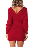 Women's Sexy Cocktail Dress V Neck Long Sleeve Wrap Knit Sweater Mini Dress